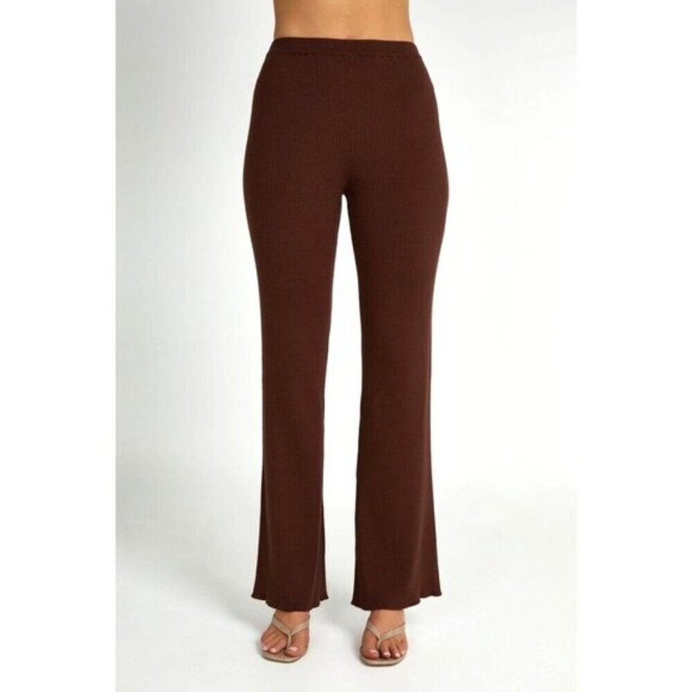 Meshki Womens High Waist Hazelnut Ribbed Knit Flares Pants M Medium